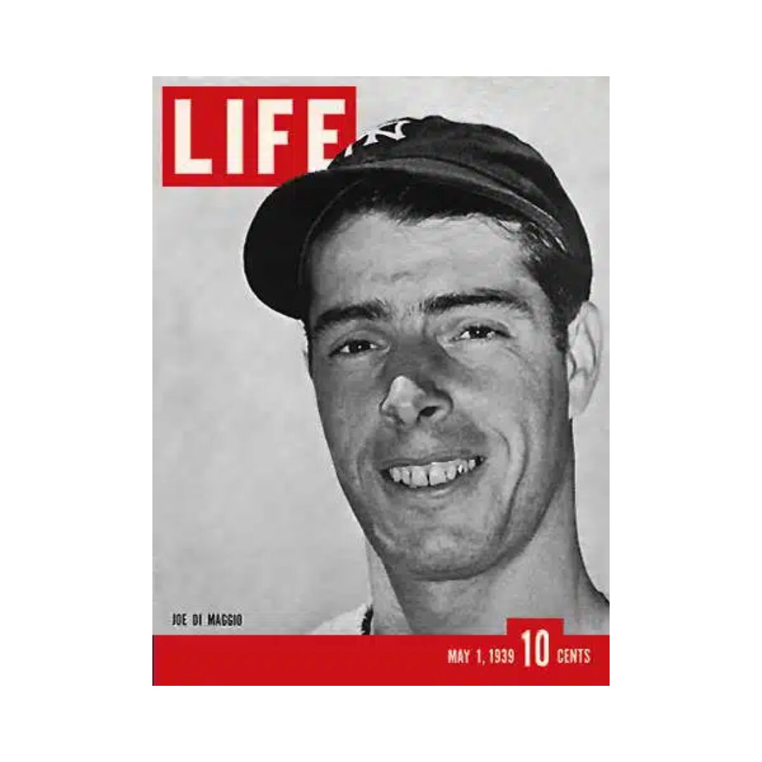 Cover of VTG Life Magazine from May 1, 1939 featuring Joe DiMaggio, showcasing the iconic LIFE logo, and highlighting this historical baseball issue.