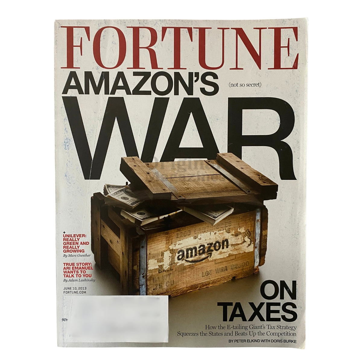 Fortune Magazine cover from June 10, 2013, featuring the article "Amazon's (Not So Secret) War On Taxes" depicting a wooden crate from Amazon showcasing business strategies and tax implications.