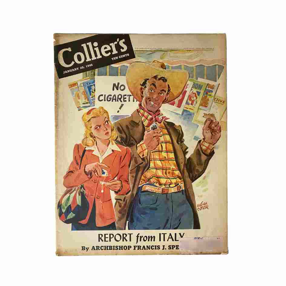 Cover of VTG Collier's Magazine January 20, 1945 featuring artwork by Wilson Cutler, depicting a cowboy and a woman with colorful advertisements in the background.