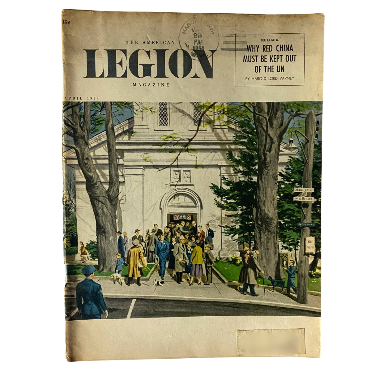 Cover of The American Legion Magazine, April 1954, featuring the title 'Why Red China Must Be Kept Out of the UN' by Harold Lord Varney, showcasing a scene of people gathering outside a building.