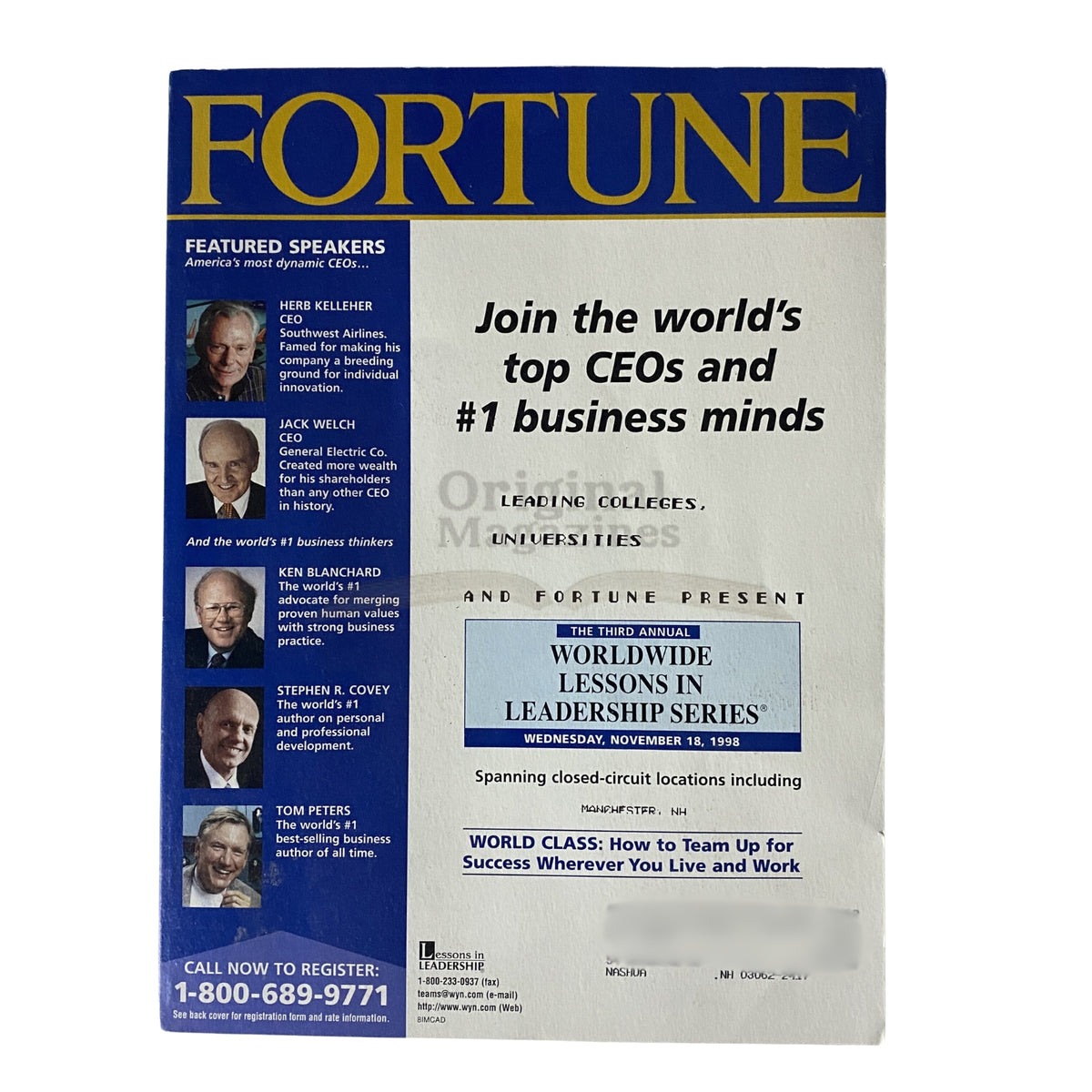 Cover of Fortune Magazine, September 28, 1998, highlighting top CEOs like Herb Kelleher, Jack Welch, and Ken Blanchard, promoting a leadership series event.