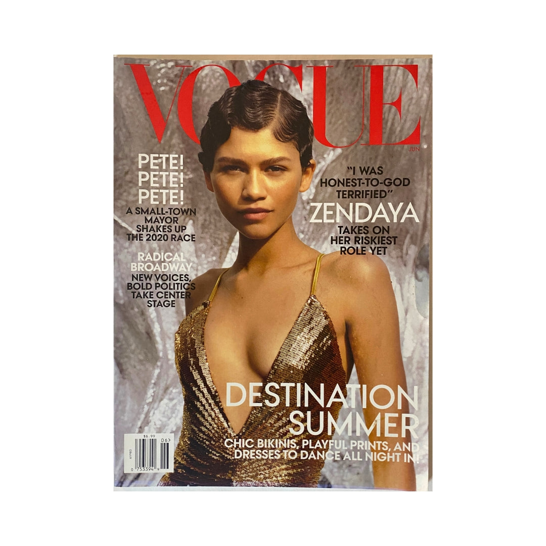 Vogue Magazine June 2019 Zendaya Cover, featuring a stunning image of Zendaya in a sparkling gold dress with the title 'Destination Summer' and text about her taking on risky roles.