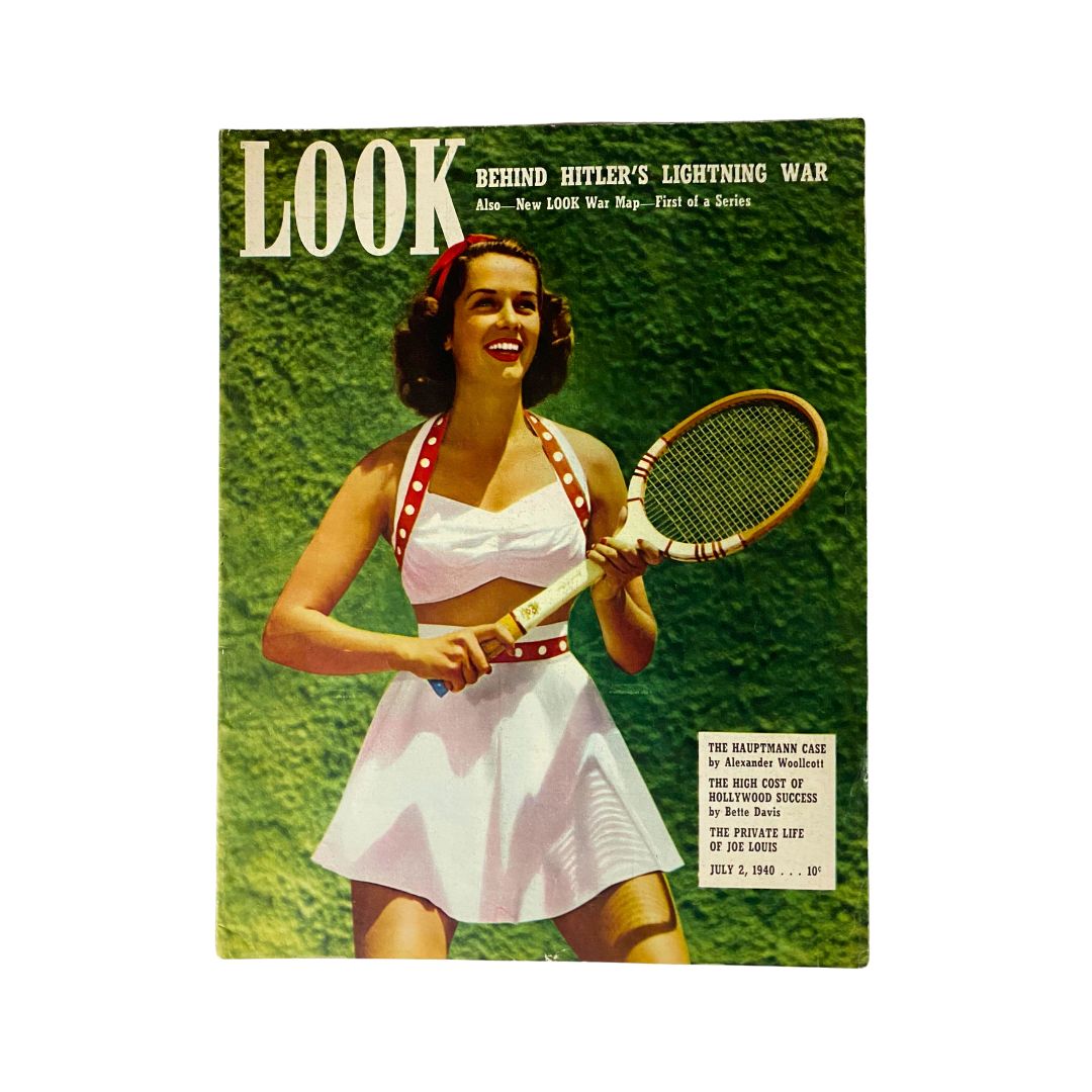 Vintage Look Magazine cover from July 2, 1940, Vol 4 No. 14 featuring a woman in a white dress holding a tennis racquet, titled 'Behind Hitler's Lightning War'. This issue examines World War II themes and includes significant articles of that era.