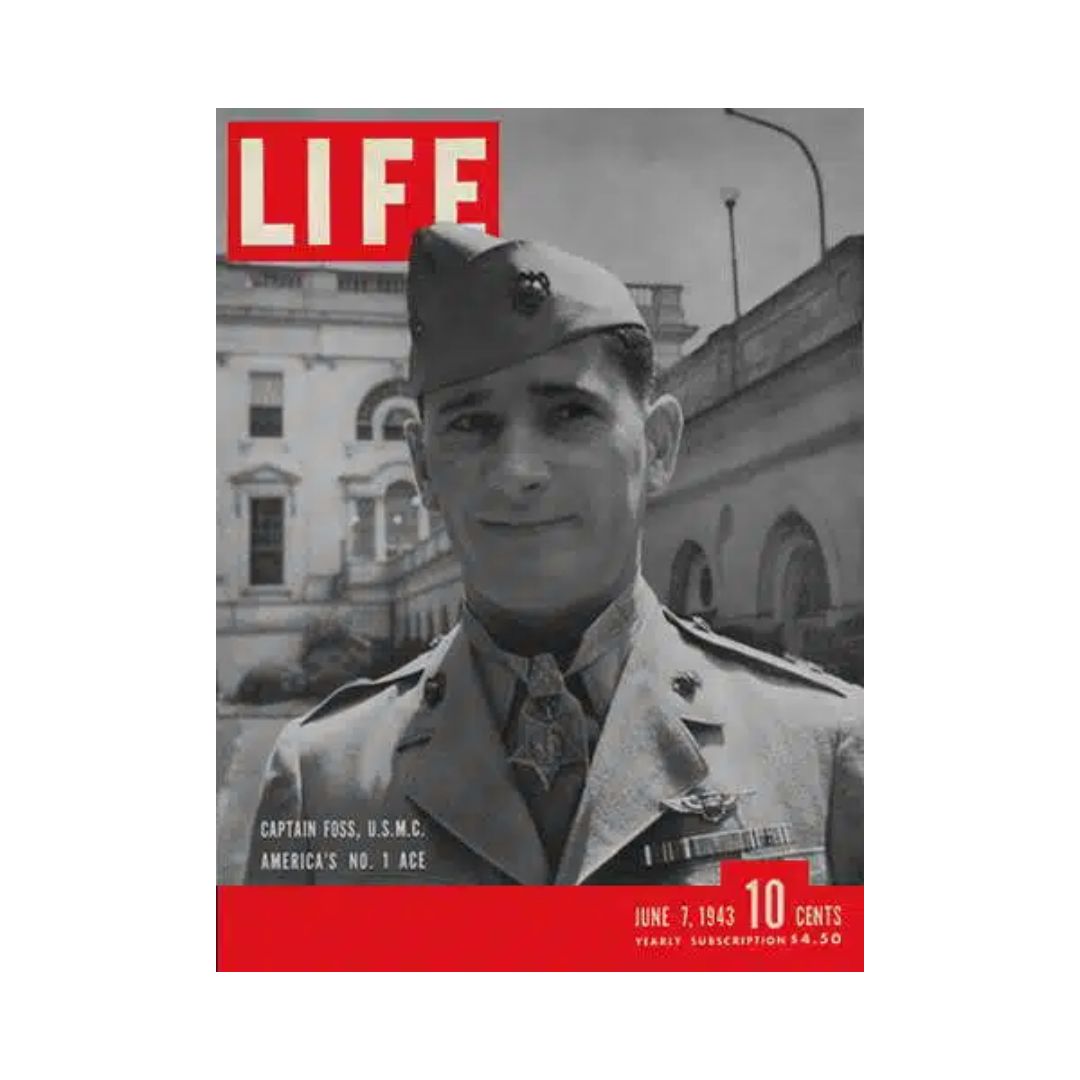 Cover of VTG Life Magazine from June 7, 1943 featuring Marine Ace Captain Joe Foss, showcasing his image and title 'America's No. 1 Ace' in a historical context.