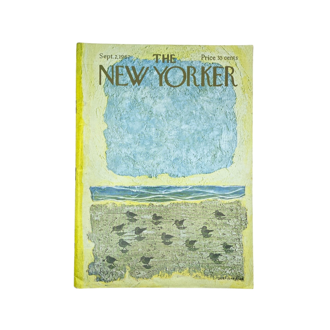 Cover of The New Yorker magazine from September 2, 1967 featuring an artwork by Laura Jean Allen, showcasing a serene landscape with blue sky and earthy textures.