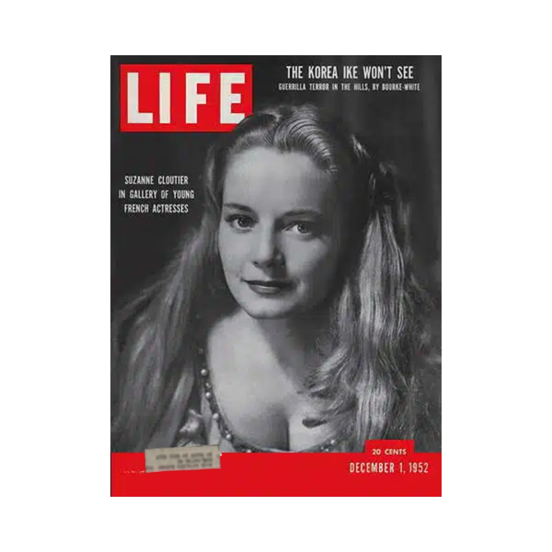 Cover of VTG Life Magazine December 1, 1952 featuring French actress Suzanne Cloutier. The magazine showcases her portrait surrounded by striking red and black graphics, highlighting the theme 'The Korea Ike Won't See.' Perfect for vintage magazine collectors or classic film enthusiasts.