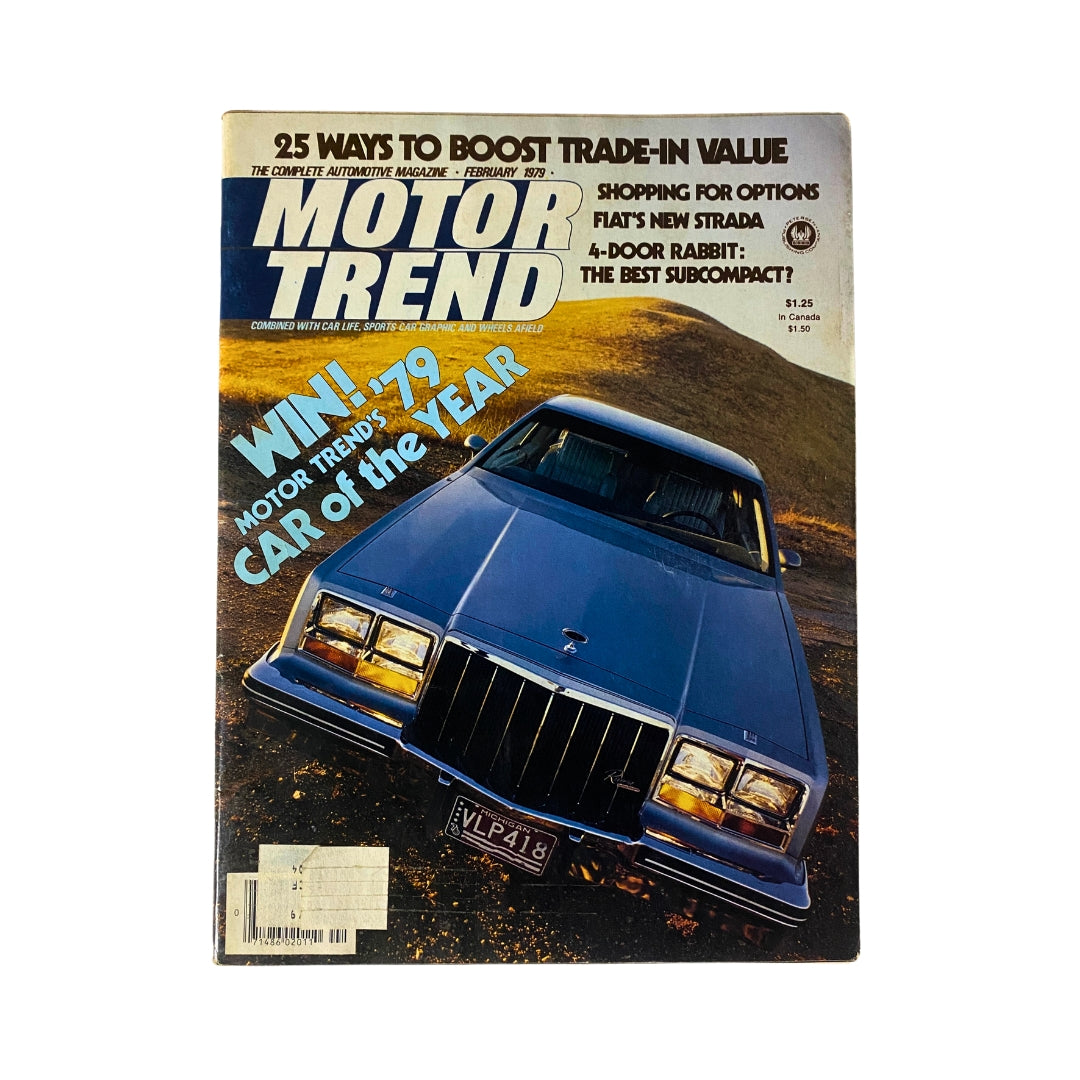 Cover of VTG Motor Trend Magazine February 1979 featuring the headline 'WIN! MOTOR TREND's CAR of the YEAR' with a blue car prominently displayed. This issue includes a retrospect on the 1957 Pontiac Bonneville.