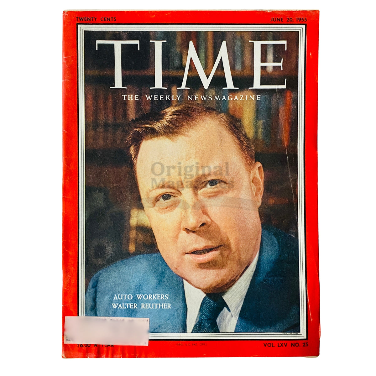 Cover of Time Magazine dated June 20, 1955, featuring auto worker leader Walter Reuther. The magazine title prominently displayed at the top with a red border, showcasing Reuther's portrait, highlighting the labor issues of the 1950s.