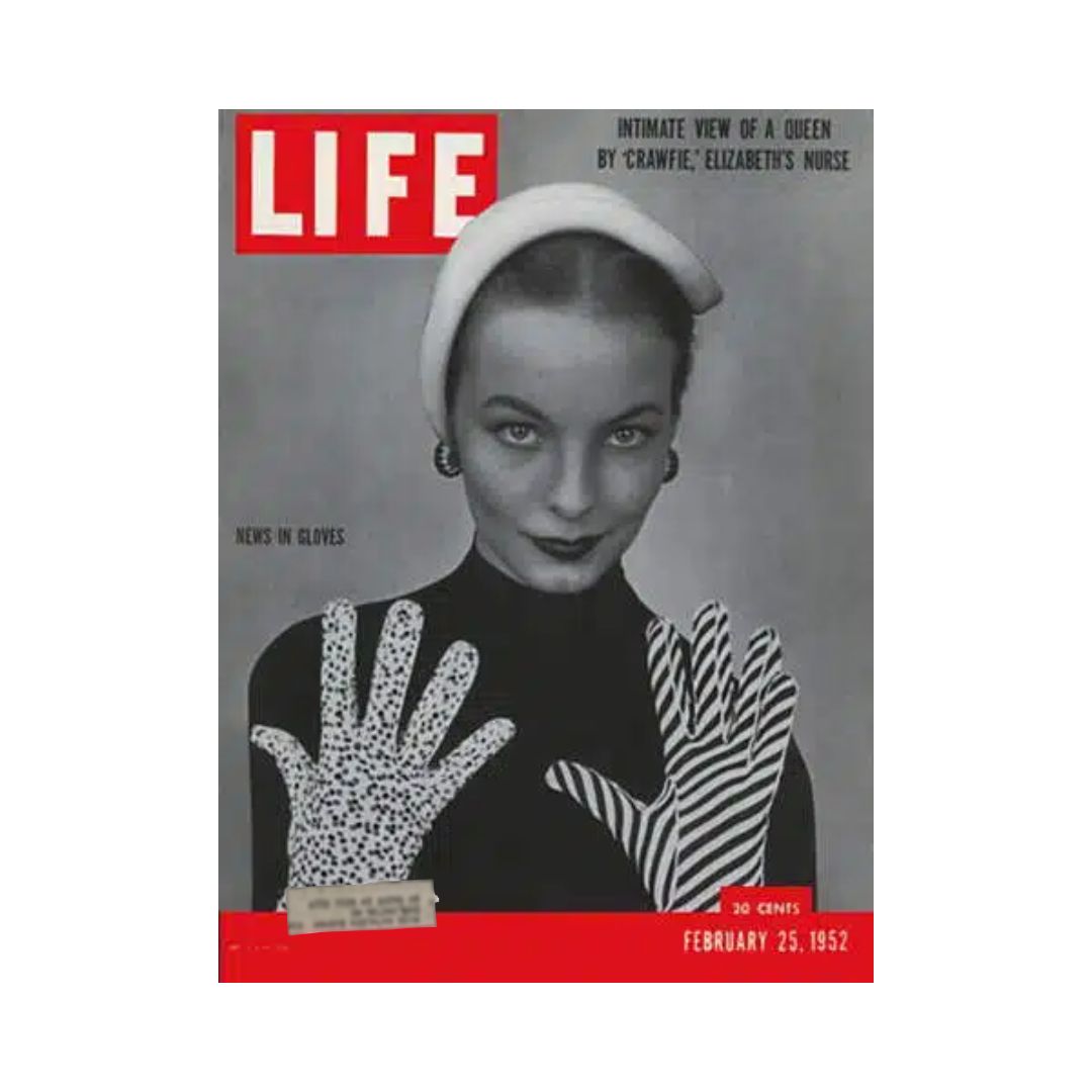 VTG Life Magazine February 25, 1952 featuring a model showcasing gloves in a stylish black and white photography, illustrating the fashion trends of the era.