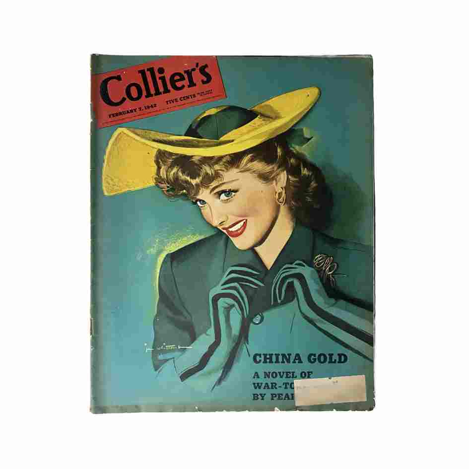 Collier's Magazine cover from February 7, 1942 featuring a portrait of a lady with a stylish yellow hat and a green outfit, illustrated by Jon Whitcomb.