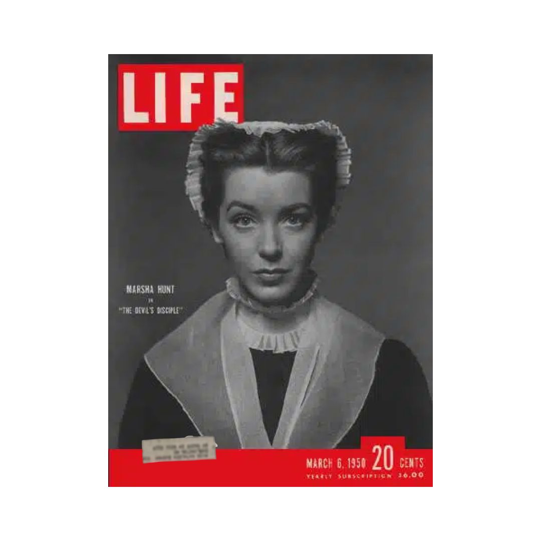 Cover of VTG Life Magazine dated March 6, 1950 featuring Marsha Hunt, an iconic American actress in costume for 'The Devil's Disciple'.