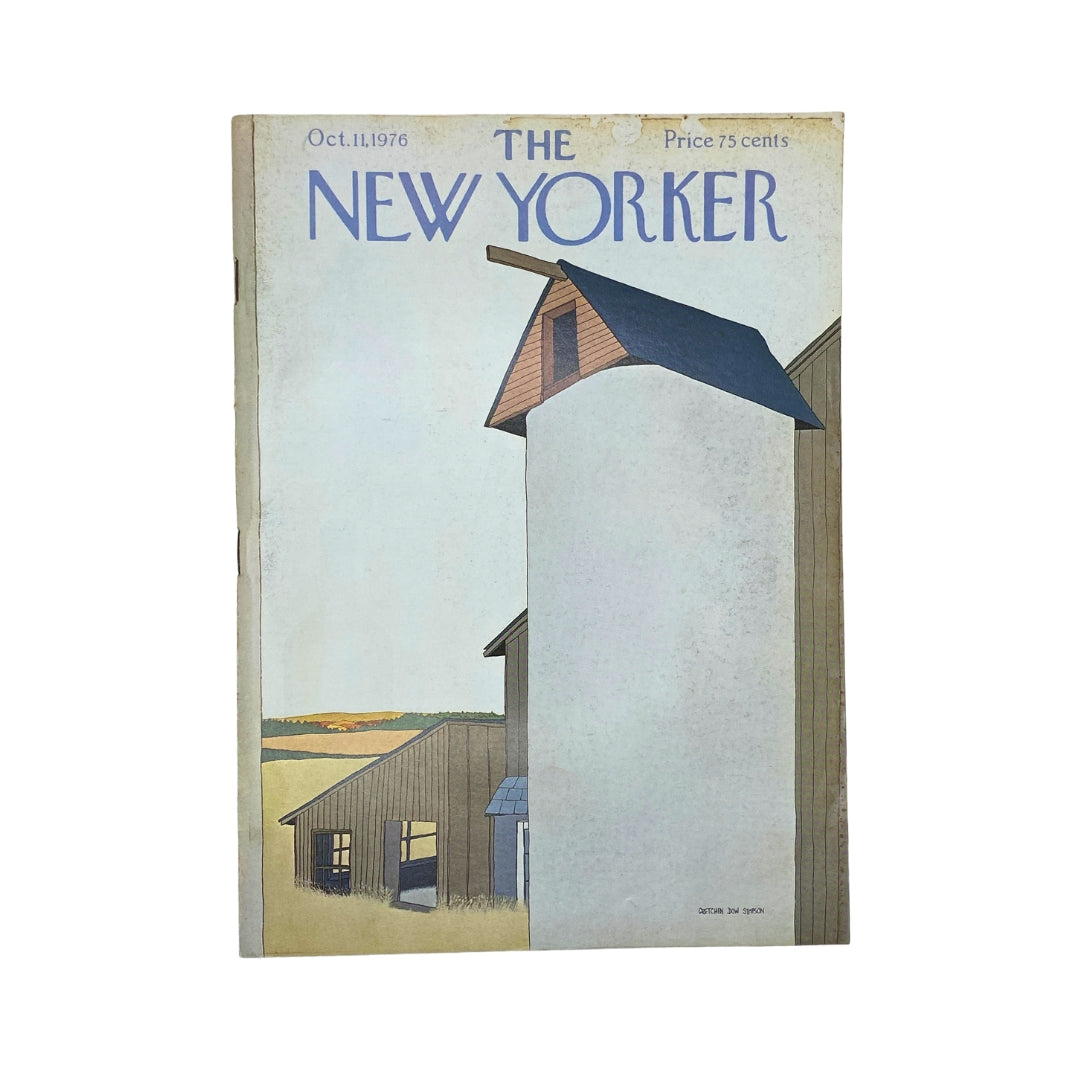 The New Yorker Complete Magazine October 11, 1976 cover featuring artwork by Gretchen Dow Simpson, showcasing a unique architectural design with a landscape background.