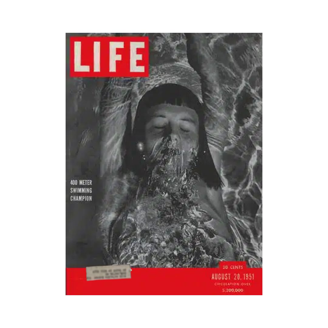 VTG Life Magazine cover from August 20, 1951 featuring swimmer Barbara Hobelmann, showcasing her as the 400 Meter Swimming Champion. The cover highlights the historical significance of the publication with captivating imagery and is a collectible item for sports history enthusiasts.