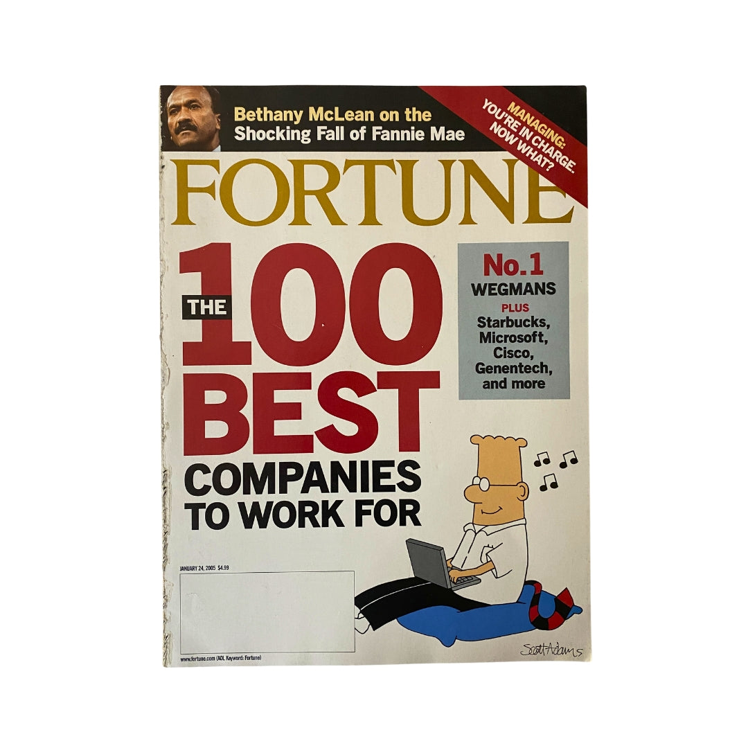 Cover of Fortune Magazine from January 24, 2005, featuring Bethany McLean's article on the Fall of Fannie Mae and highlighting Wegmans as the No. 1 company to work for. The cover includes the text '100 Best Companies to Work For' with illustrations.