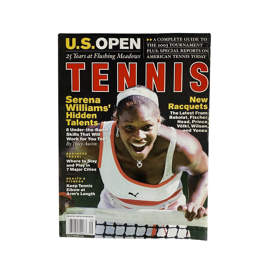 Tennis Magazine September 2003 featuring Serena Williams on the cover, showcasing her dynamic sports presence and highlighting the U.S. Open's 25th anniversary at Flushing Meadows.
