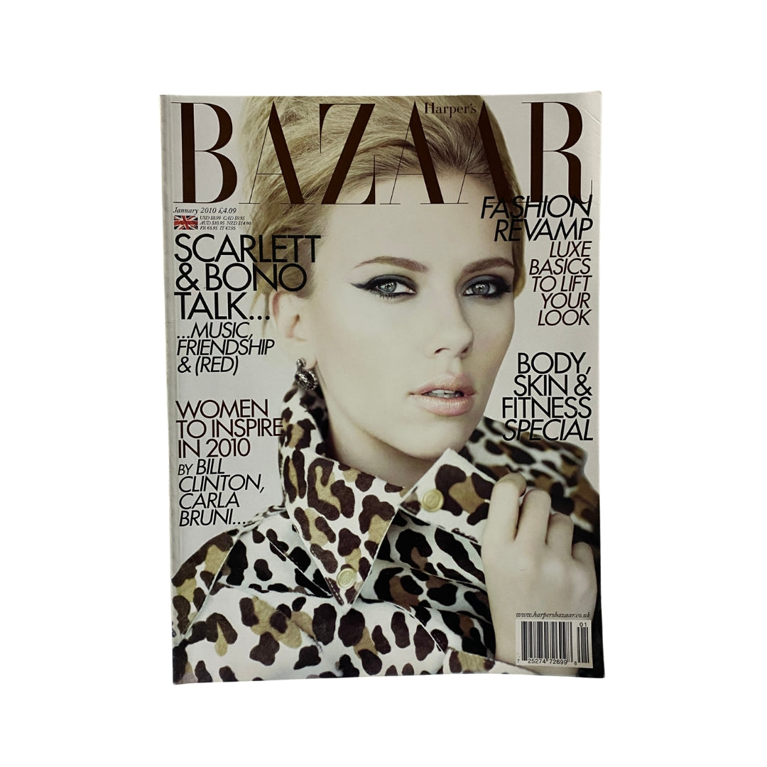 Harper's Bazaar UK Magazine January 2010 featuring Scarlett Johansson on the cover, showcasing fashion themes and articles on music, inspiration, and wellness. The magazine covers topics including 'Fashion Revamp' and 'Body, Skin & Fitness Special'.