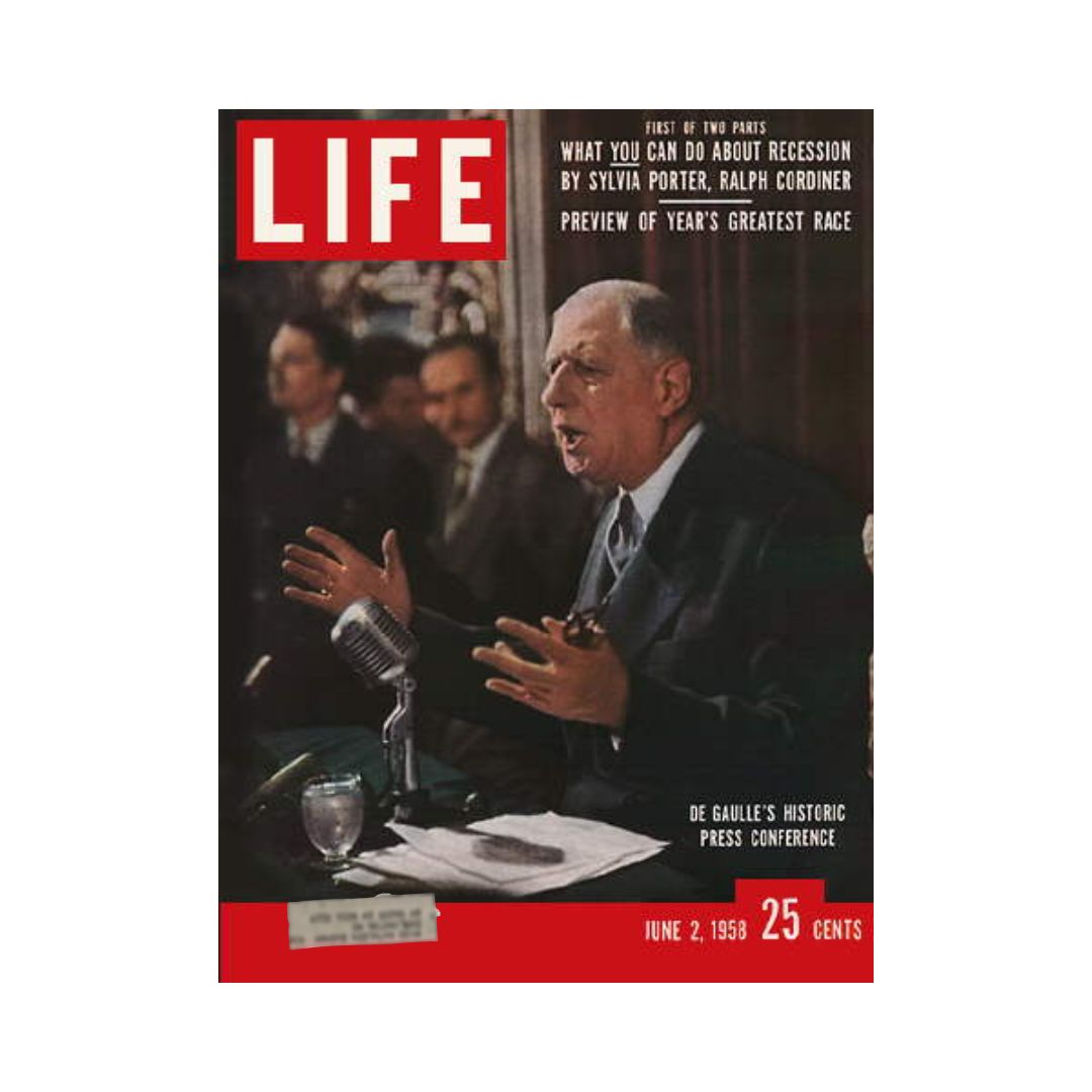 Vintage Life Magazine cover from June 2, 1958 featuring Charles De Gaulle during a historic press conference, showcasing impactful political commentary and engaging visuals from the time.