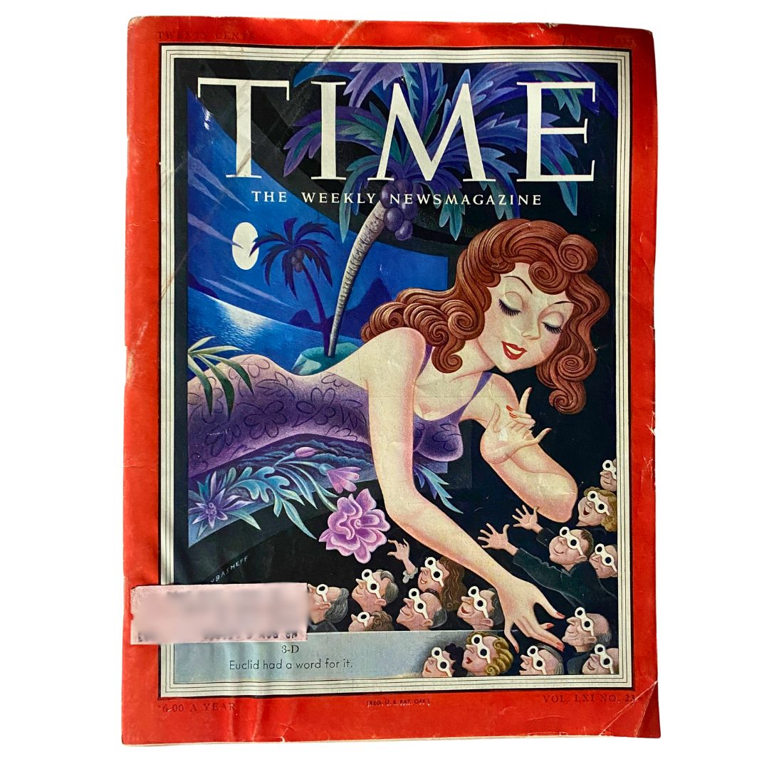 Cover of VTG Time Magazine June 8, 1953, Volume 61 Number 23 featuring illustration related to 3-D movies, vibrant colors, and artistic design.