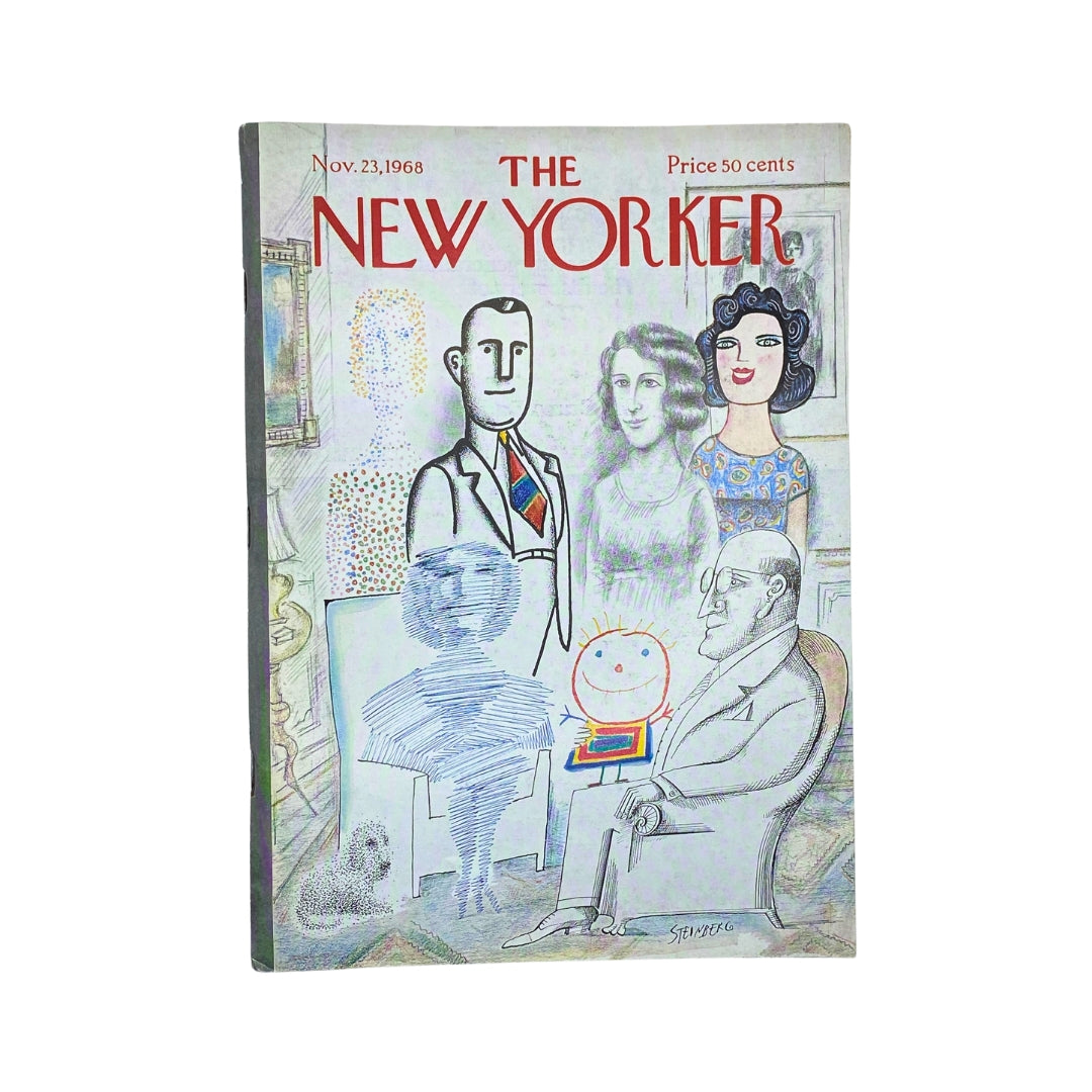 The New Yorker Complete Magazine November 23, 1968 featuring a Saul Steinberg cover. This vintage magazine illustration depicts a unique artistic representation of characters and a dog, embodying the cultural commentary style of the late 1960s.