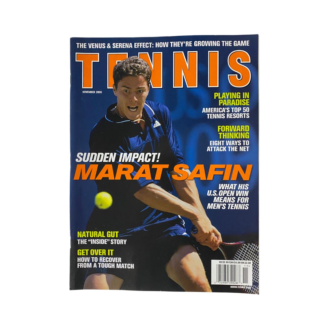 Cover of Tennis Magazine November 2000 featuring Marat Safin, highlighted with the title 'Sudden Impact! Marat Safin' and articles on tennis resorts and women's tennis.