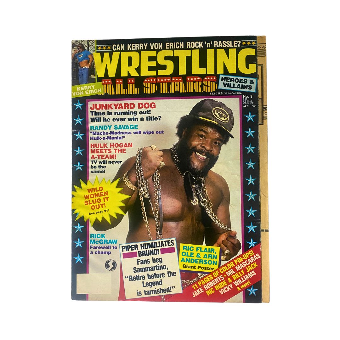 Wrestling All Stars Heroes & Villains April 1986 Vintage Magazine Cover featuring Junkyard Dog, a must-have for wrestling enthusiasts.