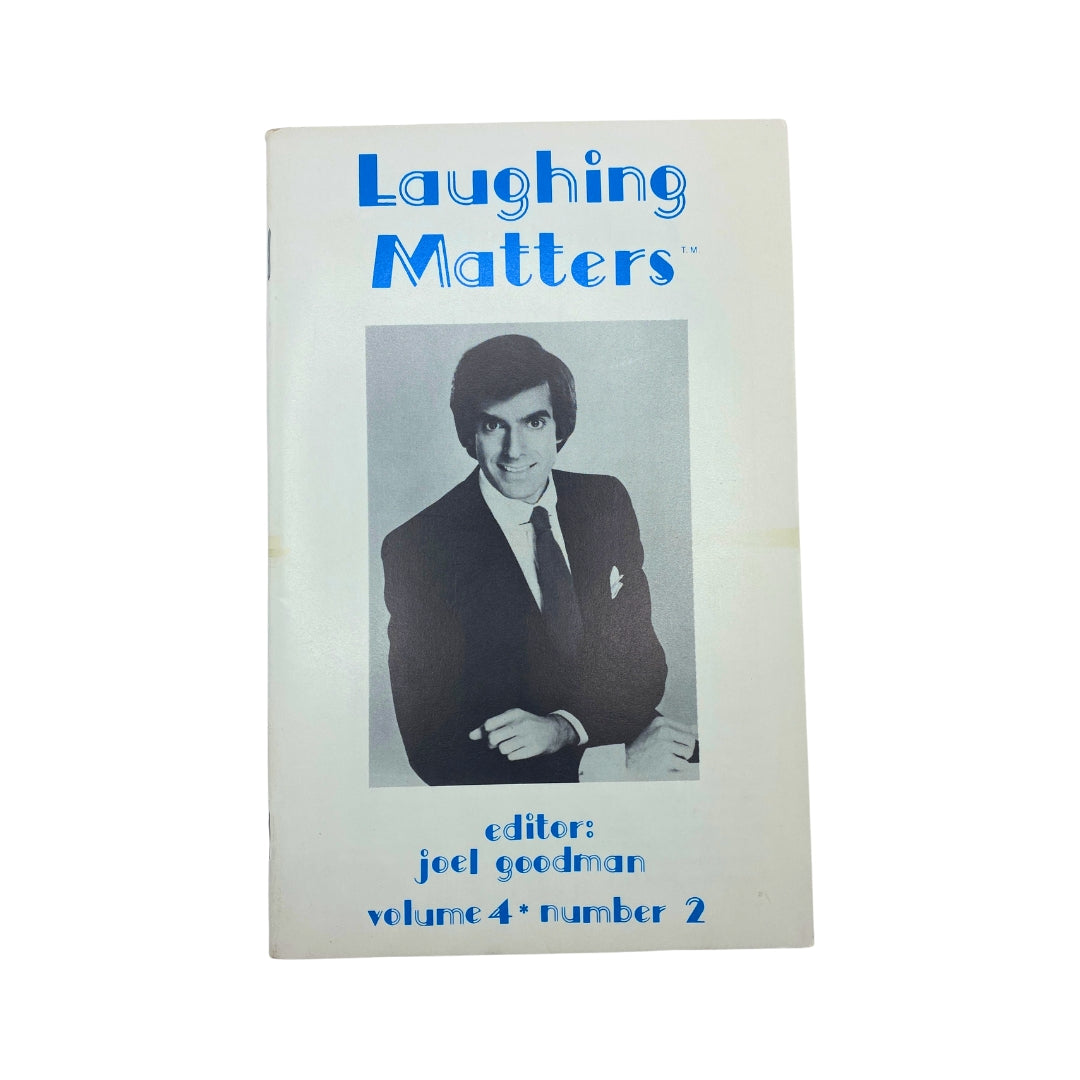 Cover of Laughing Matters Volume 4 Number 2 from 1988, edited by Joel Goodman, featuring a black and white photograph of a man in a suit with the magazine title prominently displayed.