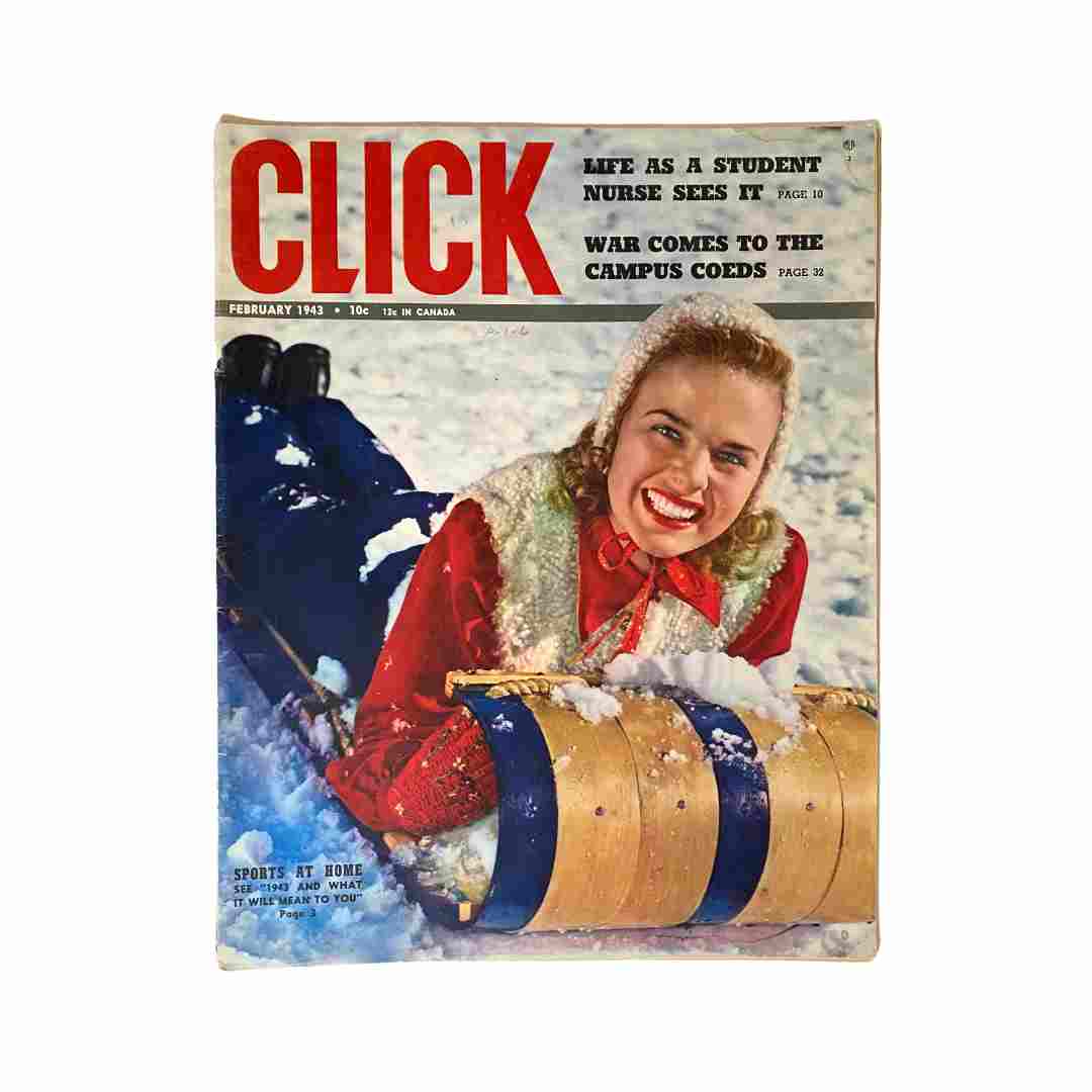 Vintage Click Magazine February 1943, Volume 6, Number 2 cover showcasing a smiling woman in winter attire with a sled, emphasizing sports at home during WWII.