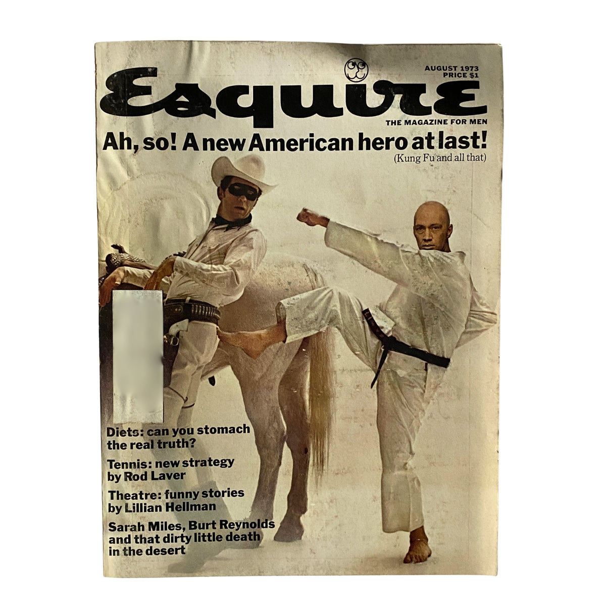 Esquire Magazine August 1973 cover featuring the title 'Ah, so! A new American hero at last!' with an image depicting martial arts and Western themes, highlighting cultural themes of the early 1970s.
