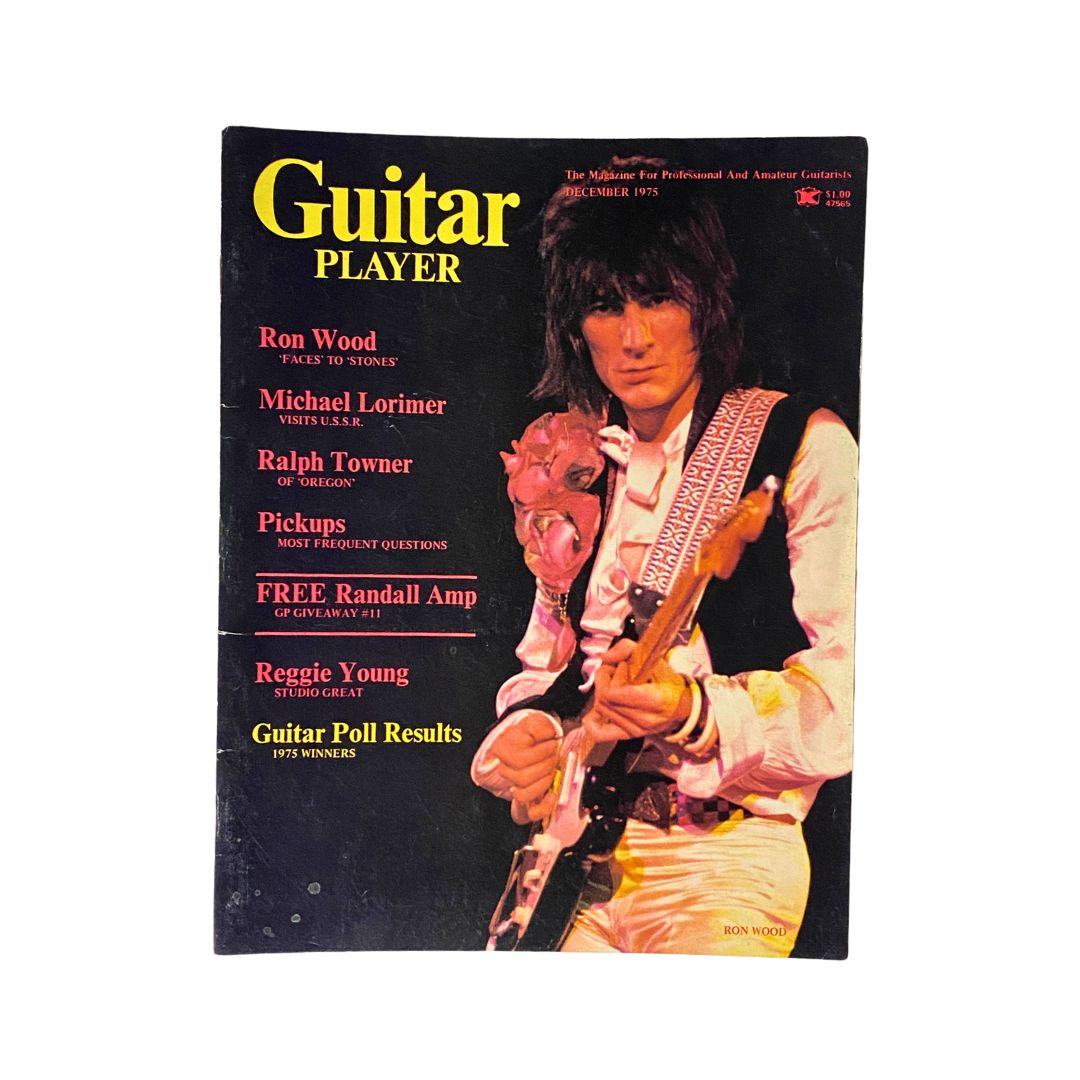 Cover of VTG Guitar Player Magazine, December 1975, featuring Ron Wood, highlighting articles on guitar techniques and notable musicians of the 1970s.