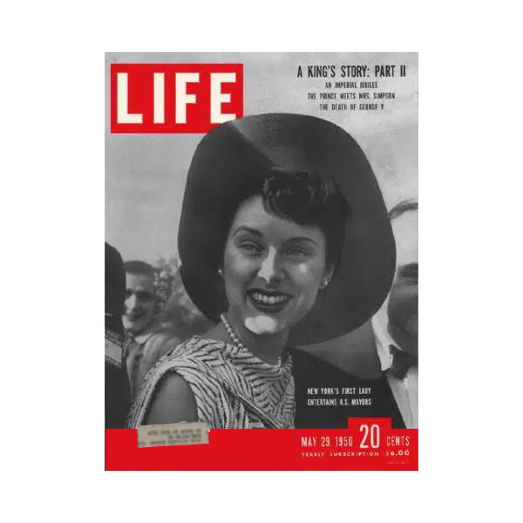 VTG Life Magazine May 29, 1950 featuring an iconic cover with New York City's First Lady, Sloan O'Dwyer, smiling in a stylish hat. The cover highlights stories including 'A King's Story: Part II'.