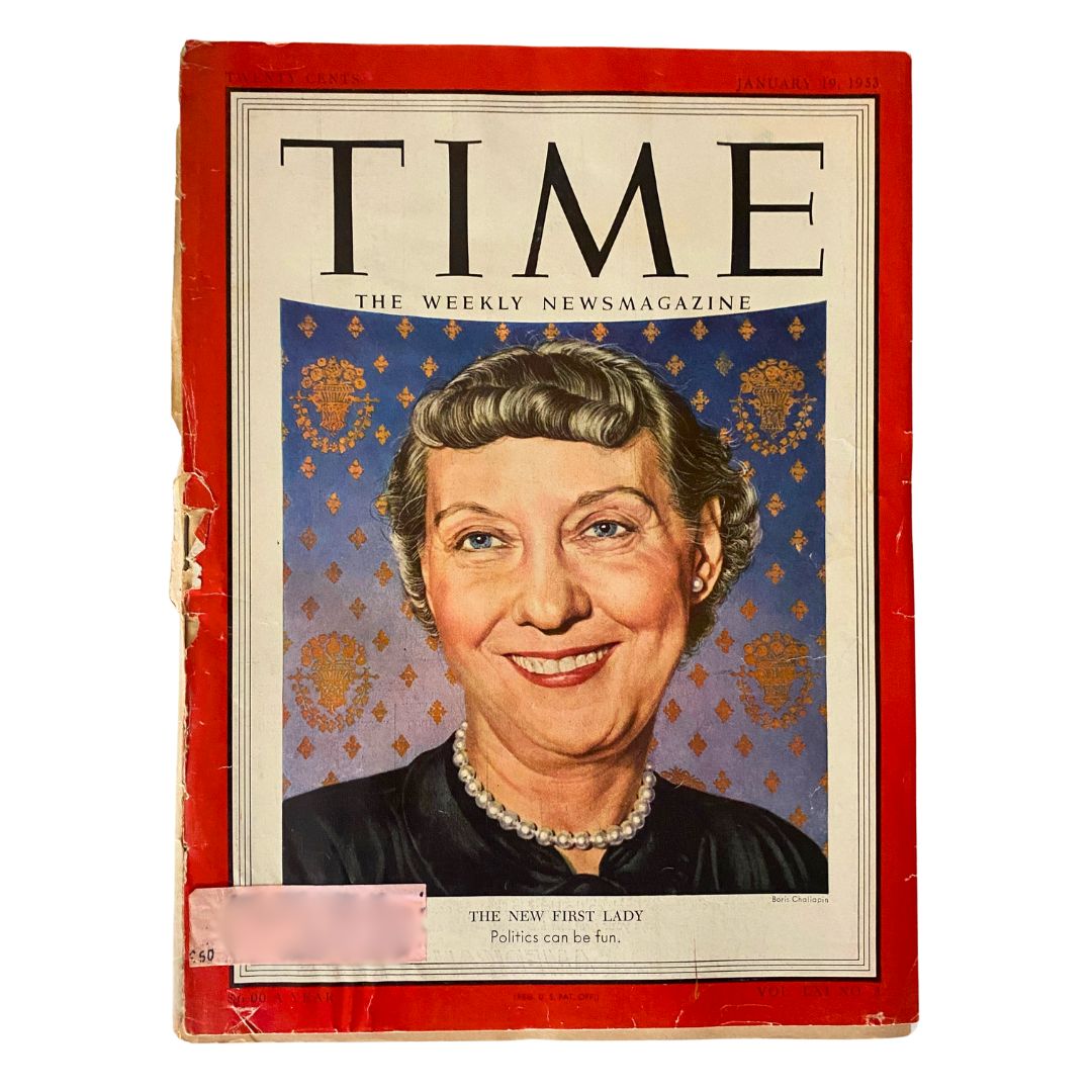 Cover of VTG Time Magazine January 19, 1953, Vol 61 No. 3 featuring a portrait of Mamie Eisenhower, the new First Lady. The magazine showcases vibrant colors and a historical backdrop.