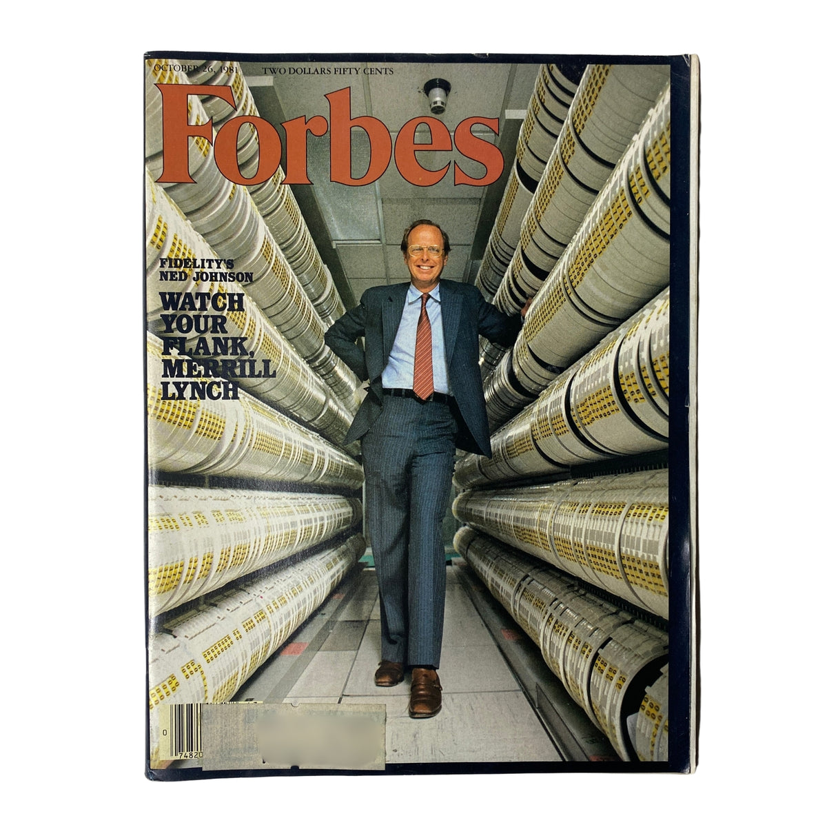 Forbes Magazine cover from October 26, 1981, featuring Fidelity's Ned Johnson, showcasing a business environment with a focus on investment strategies.