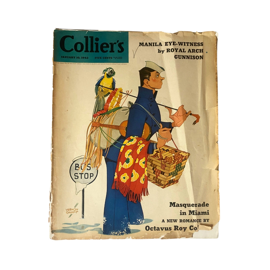 VTG Collier's Magazine January 10, 1942 Vernon Grant Cover featuring a colorful illustration of a man with a parrot and a basket, with a bus stop sign, showcasing vintage graphic art.
