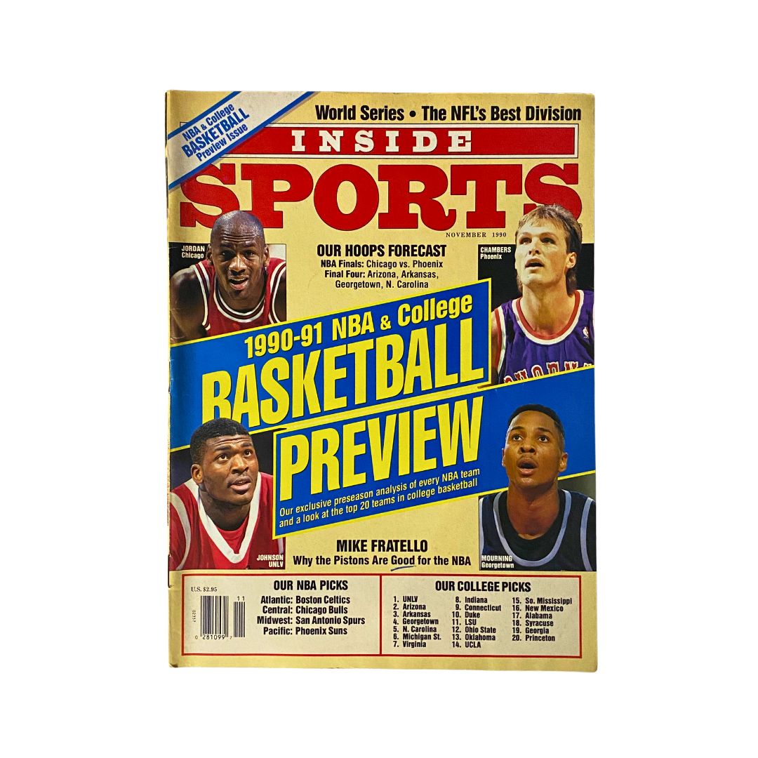 Inside Sports Magazine November 1990 featuring Michael Jordan and Tom Chambers on the cover, showcasing a basketball preview for the 1990-91 NBA and college seasons, highlighting key players and predictions.