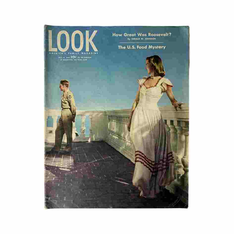 Cover of the VTG Look Magazine July 10, 1945 titled 'How Great Was Franklin D. Roosevelt?' featuring a soldier and a woman in a white dress.