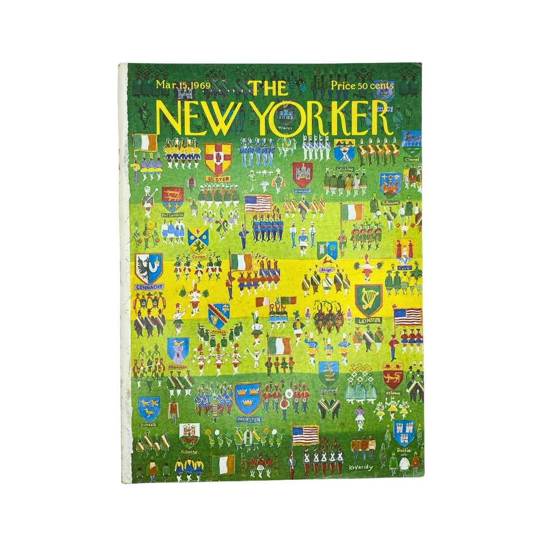 Cover of The New Yorker magazine from March 15, 1969, featuring artwork by Anatol Kovarsky, illustrating a vibrant scene with flags and icons.