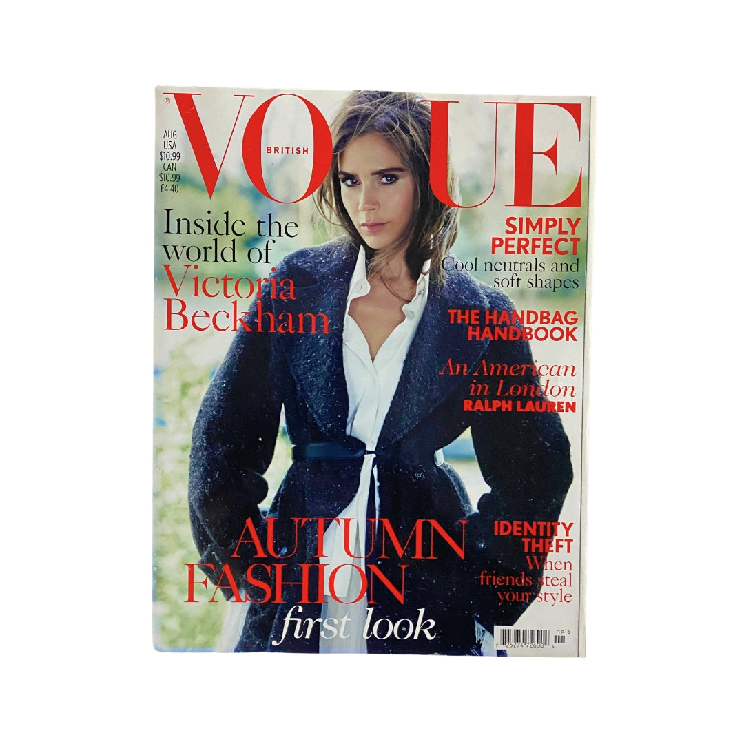 Vogue UK Magazine August 2014 cover featuring Victoria Beckham, showcasing autumn fashion trends and headlines like 'Simply Perfect' and 'The Handbag Handbook'.