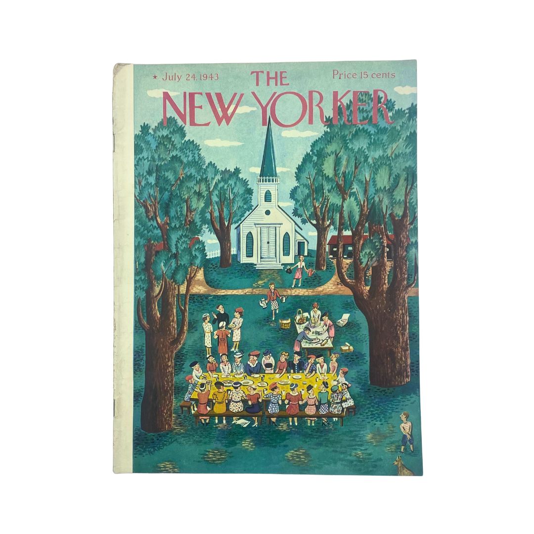 The New Yorker Complete Magazine July 24, 1943 featuring a colorful cover by Ilonka Karasz, depicting a vibrant outdoor scene with a church and a gathering of people.