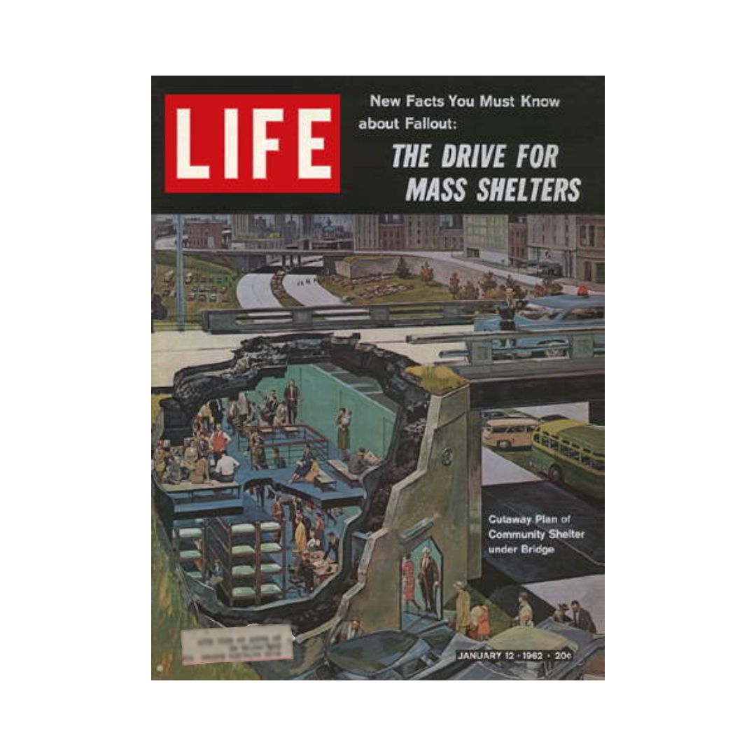 Cover of VTG Life Magazine January 12, 1962, featuring an illustration of a mass shelter with cutaway details, highlighting community protection during the Cold War era.