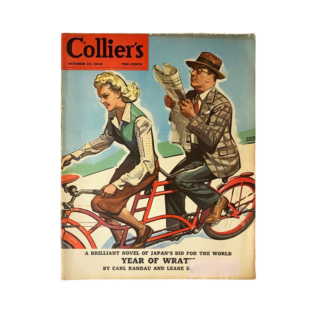 VTG Collier's Magazine October 24, 1942 featuring a vibrant cover illustration by Harry Morse Meyers, showcasing a man and a woman cycling together.