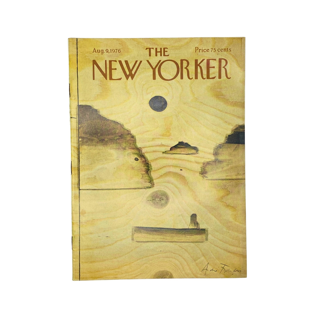Cover of The New Yorker magazine from August 9, 1976, featuring artwork by Andrei Francois, showcasing a serene landscape with silhouettes of hills and a boat.