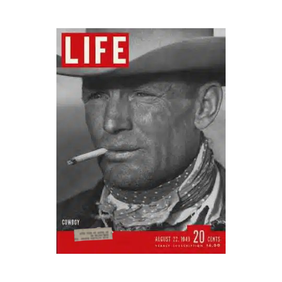 Vintage Life Magazine Cover titled 'VTG Life Magazine August 22, 1949 Texas Cowboy', featuring a rugged cowboy with a cigarette, capturing the essence of mid-century American culture.