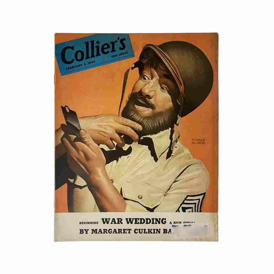 VTG Collier's Magazine February 5, 1944 cover illustration by Ronald McLeod, featuring a soldier with a thoughtful expression and a uniform showcasing artwork from the World War II era.