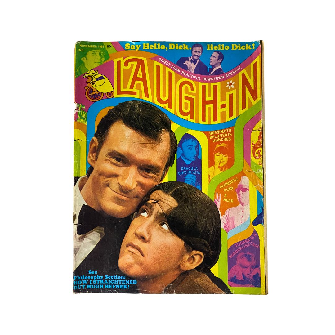 Cover of the VTG Laugh-In Magazine from November 1968 featuring Hugh Hefner and iconic humor elements, highlighting the culture of the late 1960s.