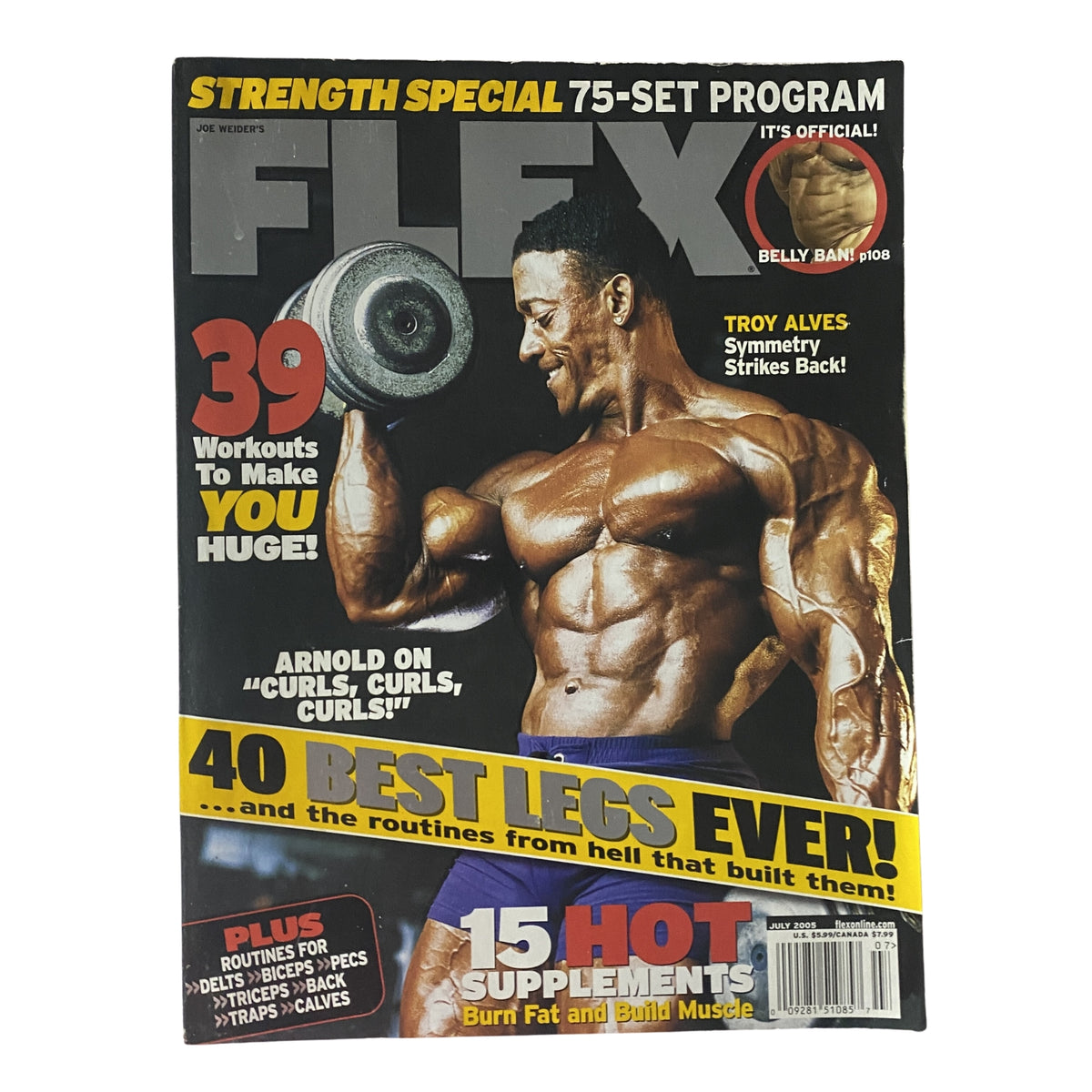 Cover of Flex Magazine July 2005, Volume 23, Number 5 featuring Troy Alves showcasing bodybuilding techniques. Includes highlights on workouts and nutrition strategies.