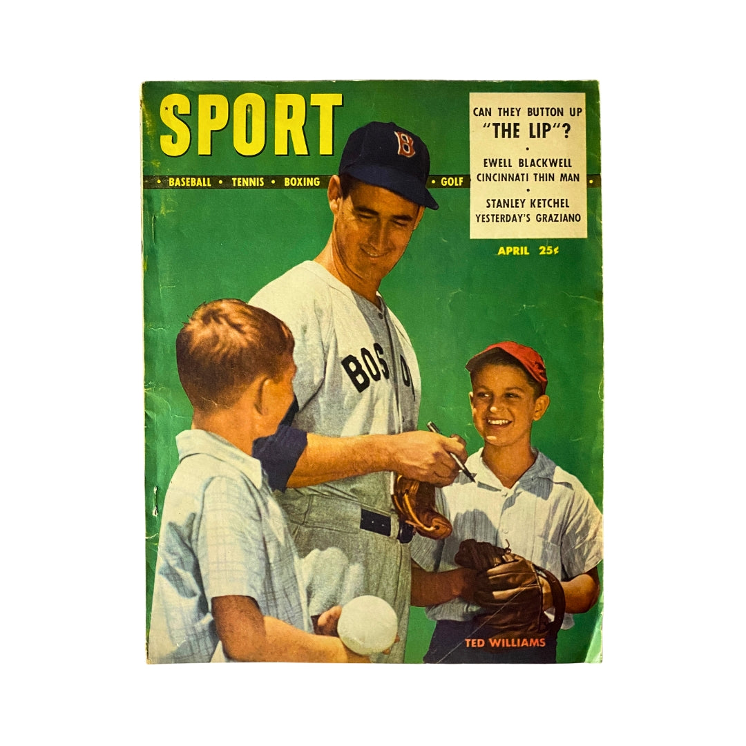 Sport Magazine April 1948 cover featuring Ted Williams of the Boston Red Sox, showcasing a vibrant design with a green background and baseball theme.