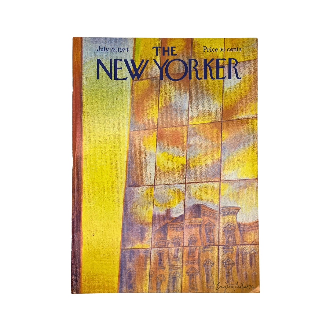 The New Yorker Complete Magazine July 22, 1974 cover featuring art by Eugene Mihaesco, showcasing vibrant colors and architectural themes, priced at 50 cents.