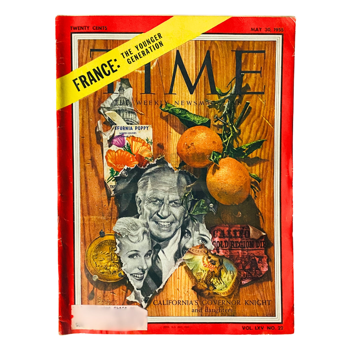 Vintage Time Magazine from May 30, 1955, Vol 65 No. 22 featuring California's Governor Goodwin Knight, showcasing a colorful cover design with oranges and a California poppy.
