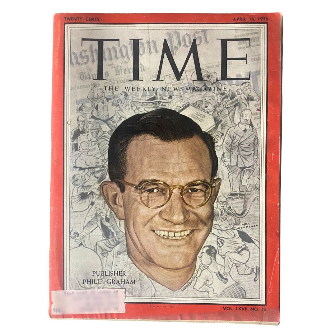 Vintage Time Magazine April 16, 1956 featuring the publisher Philip Graham on the cover, showcasing historical significance from the mid-1950s.