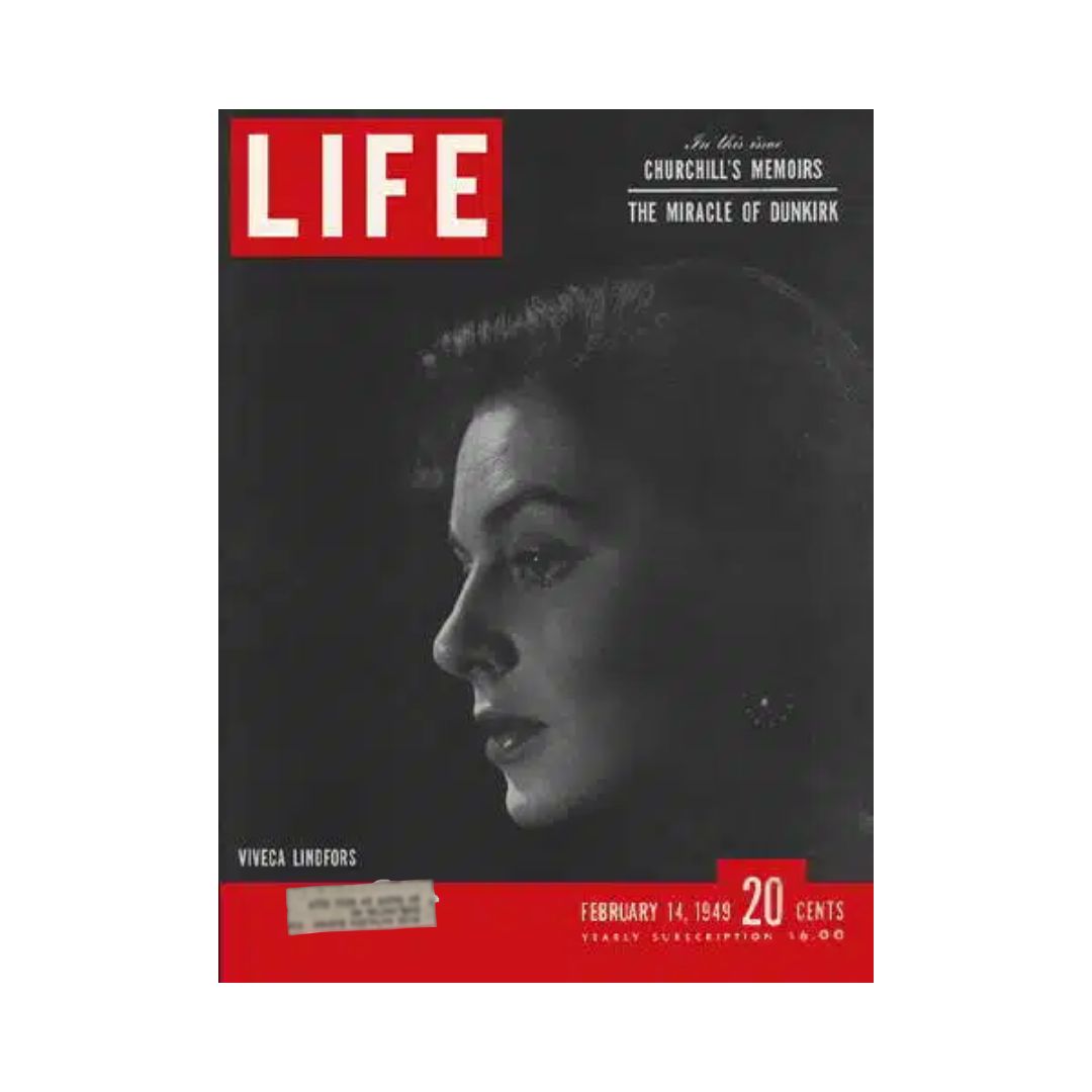 Vintage Life Magazine cover from February 14, 1949 featuring Viveca Lindfors, Swedish-American actress, showcasing a black and white profile silhouette with notable headlines about Churchill's Memoirs and the Miracle of Dunkirk.